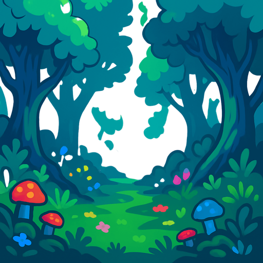 Fond d'écran forêt enchantée.
In-Game asset.  2d.  High contrast.  No shadows