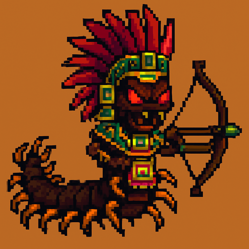 Genérame una Ciempies gigante amazonico guerrero azteca con eso patrones, estilo pixelar, con una apariencia maligna, ojos rojos, rabioso. Unidad a distancia, con un arco o cerbatana. Animal.
In-Game asset.  2d.  High contrast.  No shadows