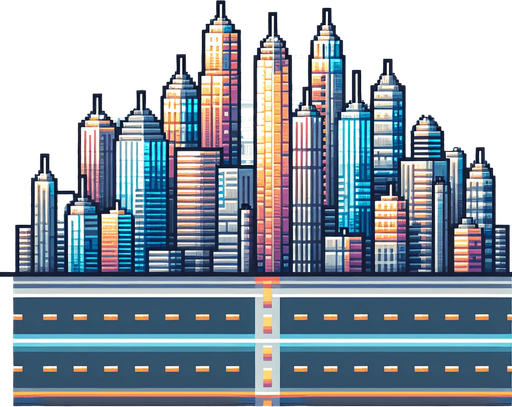 An 8-bit city skyline with towers.
Single Game Texture. In-Game asset. 2d. Blank background. High contrast. No shadows.