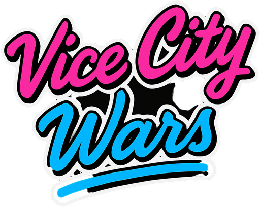 letras de color rosa y azul y con cursiva que digan vice city wars.
In-Game asset.  2d.  High contrast.  No shadows