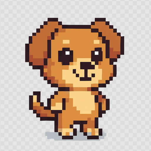 El perro debe ser un personaje adorable y expresivo en estilo pixel art, con cuerpo compacto y simpático, orejas grandes (pueden ser caídas o puntiagudas según la raza), ojos redondos y brillantes que transmitan alegría, y una cola visible que se mueva suavemente; su pelaje puede ser marrón, beige, blanco o una combinación simple de colores, con un diseño caricaturesco fácil de reconocer; debe estar de pie sobre dos patas traseras como un personaje antropomorfo, con una leve sonrisa y movimiento de balanceo o parpadeo como animación sutil; el fondo debe ser transparente y su estilo visual debe encajar en un juego casual, amigable y colorido..
In-Game asset.  2d.  High contrast.  No shadows