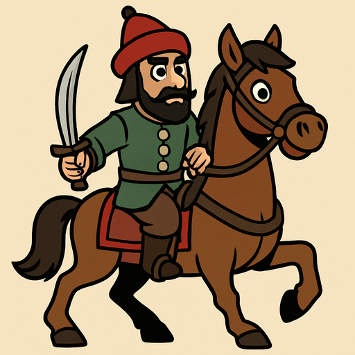 Animasyon çizgi dizi tarzında bir At üstünde bir Osmanlı süvarisi.
In-Game asset.  2d.  High contrast.  No shadows