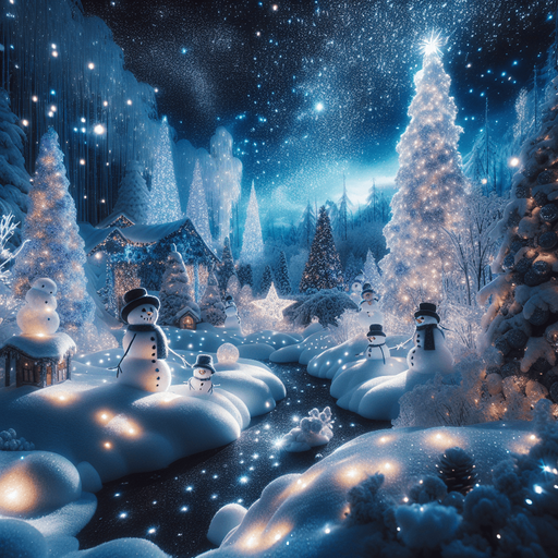 a feeric christmas landscape at night with snow men and snow flakes Background image