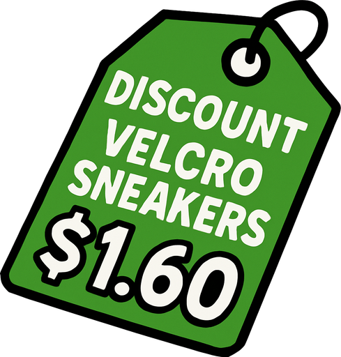 Green pricetag that says discount Velcro sneakers $1.60.
In-Game asset.  2d.  High contrast.  No shadows