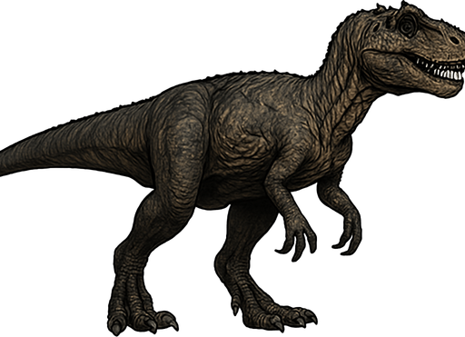 A medium-large Allosaurus dinosaur depicted in a neutral standing pose on a transparent background. Its muscular body is covered with dark gray and earthy brown scaly skin, with subtle scars and wrinkles. The head is narrow and elongated, featuring sharp teeth visible in a slightly open mouth and prominent ridges above the eyes. Its strong legs end with sharp claws, and the long tail extends straight for balance. The skin texture is rough and detailed, giving a lifelike, ancient predator look..
In-Game asset.  2d.  High contrast.  No shadows