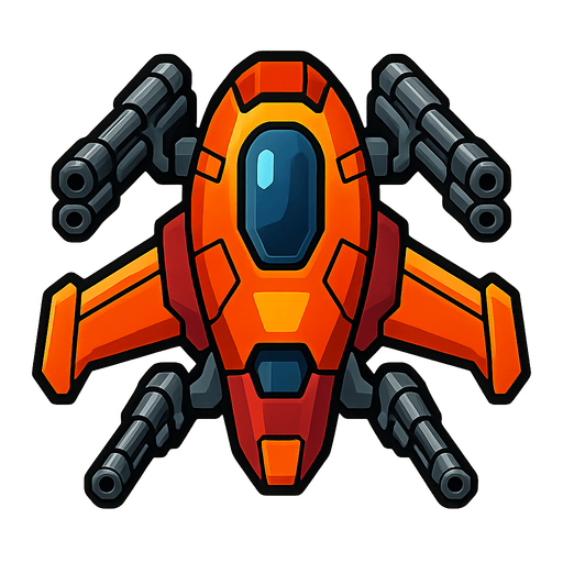 A space ship with guns.
Single Game Texture.  In-Game asset.  2d.  Blank background.  High contrast.  No shadows