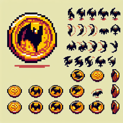 8-bit pixelated spritesheet of an isometric golden bat coin seen in multiple poses of spinning around it's y axis. the elements need to be orderly arranged for easy cropping.
Single Game Texture. In-Game asset. 2d. Blank background. High contrast. No shadows.