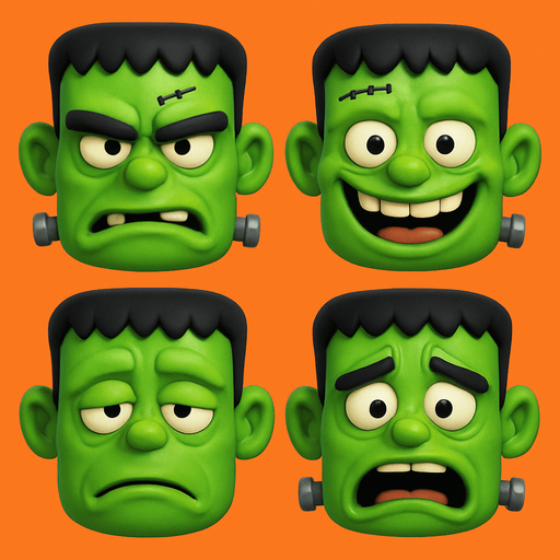 3D frankenstein Scary and funny cute face meme. different faces look. face only
In-Game asset.  3D.  High contrast.  No shadows