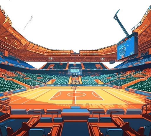 Indoor stadium seen from court
Single Game Texture. In-Game asset. 2d. Pixelart. White background. Blank background. Low detail. High contrast. --no goal