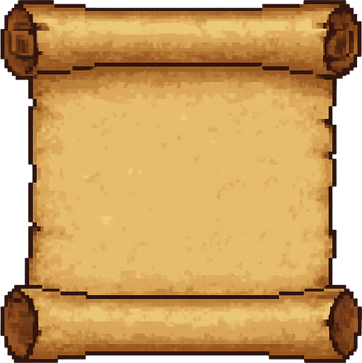 High-quality 2D pixel art of an empty parchment scroll. The scroll is slightly aged, with soft yellowed paper tones, curled edges, and subtle wrinkles and texture details. The ends are rolled and slightly shadowed for depth. The parchment is unrolled and centered, with no text or symbols on it. Style is clean and classic 16-bit pixel art, suitable for use in a fantasy RPG inventory or dialogue box. Transparent background.".
In-Game asset.  2d.  High contrast.  No shadows