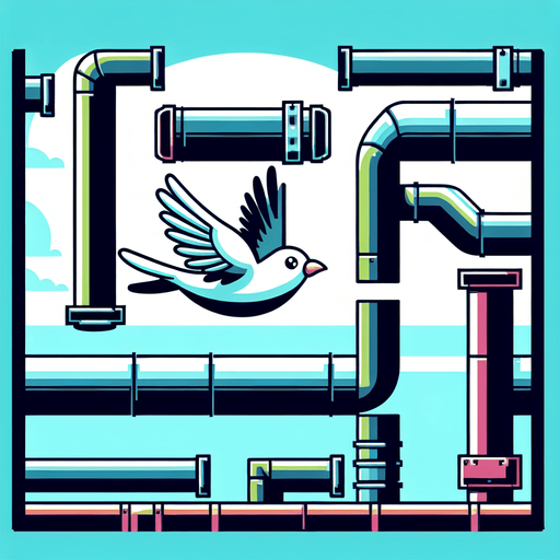 A bird is flying through pipes.
Single Game Texture. In-Game asset. 2d. Blank background. High contrast. No shadows.