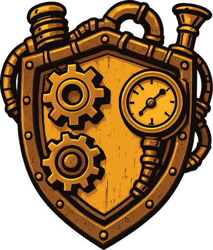 has un escudo en estilo steampunk.
In-Game asset.  2d.  High contrast.  No shadows