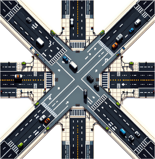 top down view of a big crossroad, pixelart style, from above.
Single Game Texture. In-Game asset. 2d. Blank background. High contrast. No shadows.