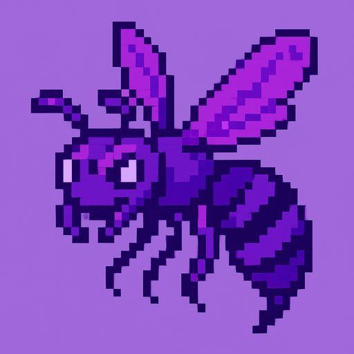 Genera una imagen de una avispa no terroríficas, pixel y que sean moradas. Que sea corrupta
In-Game asset.  2d.  High contrast.  No shadows