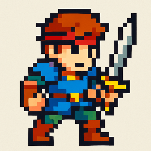 2d hero swordsman pixel sprite.
In-Game asset.  2d.  High contrast.  No shadows