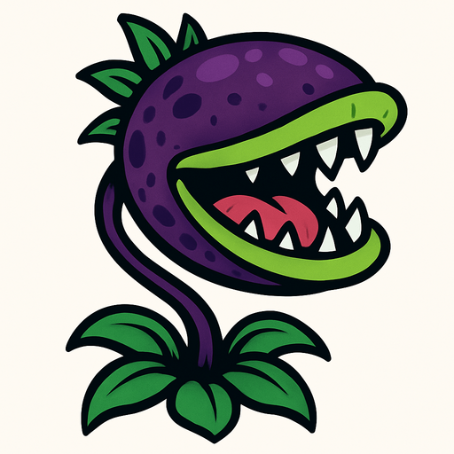Planta Carnívora con una cabeza grande y ovalada de color púrpura oscuro, salpicada con manchas más claras del mismo tono. Su boca es enorme, bordeada por un labio verde lima y llena de dientes blancos y afilados. Dentro de su boca, se ve una lengua rosada y una garganta oscura. Un tallo delgado y púrpura sostiene la cabeza, y en su base, tiene varias hojas verdes que se curvan hacia abajo. Pequeñas hojas puntiagudas también brotan de la parte superior y trasera de su cabeza..
In-Game asset.  2d.  High contrast.  No shadows