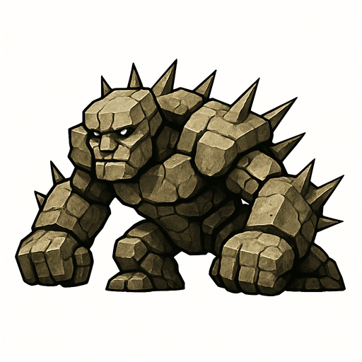 un golem de piedra con puas plano en horizontal en 3d muy realista.
In-Game asset.  2d.  High contrast.  No shadows
