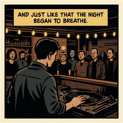 A comic panel styled like a square photo print with a clean white border. Realistic comic art. Scene: Over-the-shoulder view of Noah at the booth, the crowd in the bar small but curious. One hand on the vinyl, lights begin to flicker rhythmically. Narrator box at the top reads: “And just like that, the night began to breathe.”.
In-Game asset.  2d.  High contrast.  No shadows