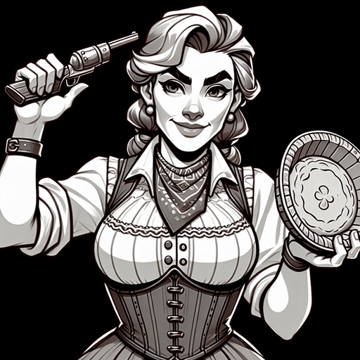 upper torso of a western cartoon barladygetting ready to throw a pie. front view.
Single Game Texture. In-Game asset. 2d. Blank background. High contrast. No shadows.