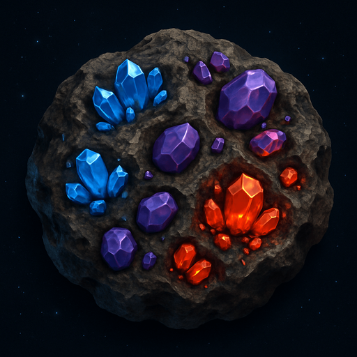 Uzay temalı asteroid, üzerinde cevherler bulunsun, gerçekçi, yazısız üstten görünüm. 
In-Game asset.  High contrast.  No shadows