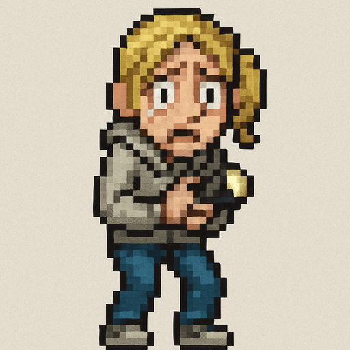 Create a pixel-art main character sprite of a scared blonde woman for a 2D horror survival game. She should have light blonde hair (shoulder length or tied in a ponytail), wide anxious eyes, and a pale complexion. Her outfit should be casual: a light-colored shirt or hoodie, jeans, and sneakers. The character should appear visibly nervous or frightened – slightly hunched posture, hands close to body, maybe holding a flashlight. Include subtle animation or idle pose showing fear. Style should match retro horror games. PNG with transparent background, front-facing idle stance..
In-Game asset.  2d.  High contrast.  No shadows