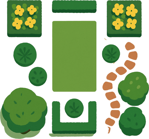top view of a garden.
2d.  No shadows. In-game assetmodern, simple