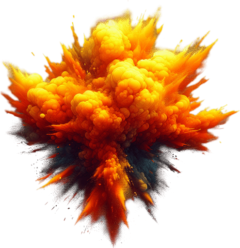 orange yellow float explosion.
Single Game Texture.  In-Game asset.  2d.  Blank background.  High contrast.  No shadows