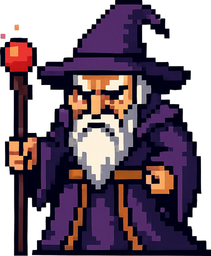 pixel art old wizard boss.
In-Game asset.  2d.  High contrast.  No shadows
