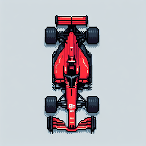 Piksel sanatı formula arabası kırmızı kuş bakışı.
Single Game Texture.  In-Game asset.  2d.  Blank background.  High contrast.  No shadows