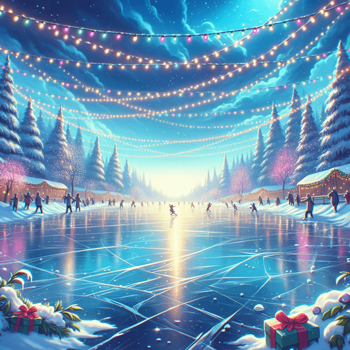 Outdoor empty frozen icy lake, Christmas decorated. View from standing at the middle of the lake looking towards shore. Cartoon. Middle of rink view.