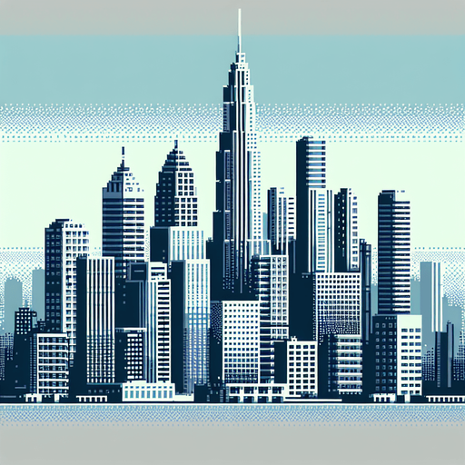 An 8-bit city skyline with towers.
Single Game Texture. In-Game asset. 2d. Blank background. High contrast. No shadows.