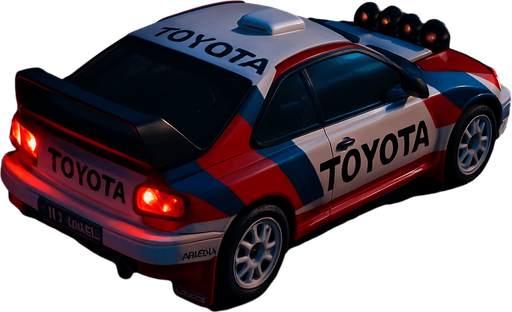 Photorealistic TOTOYA Rallycar in nightlight, drone topview from back and 45 degrees angle in top right corner