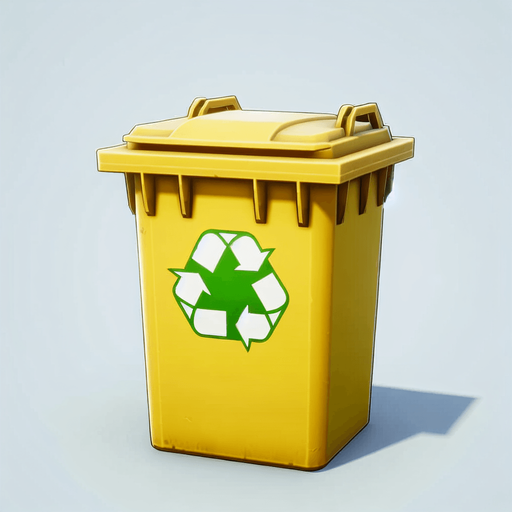 Face view of an open Yellow recycle bin with a green recycling sign..
In-Game asset. 2d. Blank background. High contrast. No shadows.