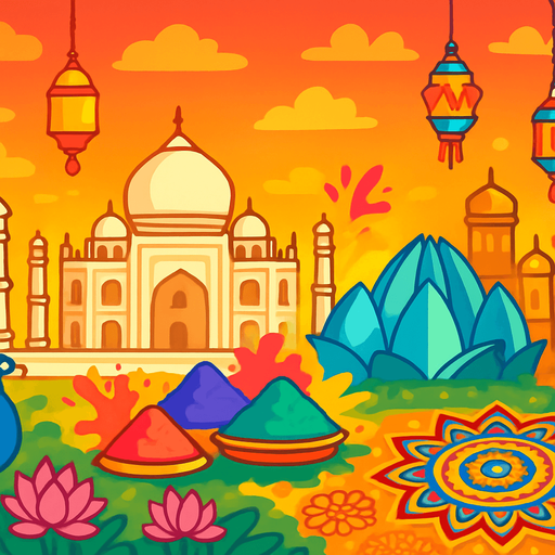 A vibrant, colorful 2D cartoon-style background inspired by India. Include iconic Indian elements such as the Taj Mahal, Lotus Temple, Indian palace architecture, Holi color splashes, and hanging lanterns. Surround the scene with peacocks, lotus flowers, temple bells, or traditional rangoli patterns. The atmosphere should feel festive and spiritual, with a warm sunset or golden light. Designed in a flat, game-friendly illustration style (vector/cartoon), perfect for a level themed around traditional Indian music. Export in 1920x1080 (landscape), without characters or text..
In-Game asset.  2d.  High contrast.  No shadows