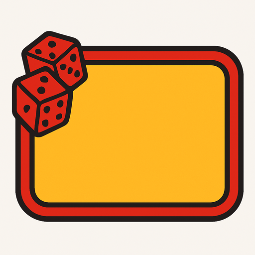 Casino tarzında yatay dikdörtgen (köşeleri yumuşatılmış, edge). İçi sarı, dışında kırmızı şerit var. Sol üst köşesinde bir çift zar var. Yazısız..
In-Game asset.  2d.  High contrast.  No shadows. Casino