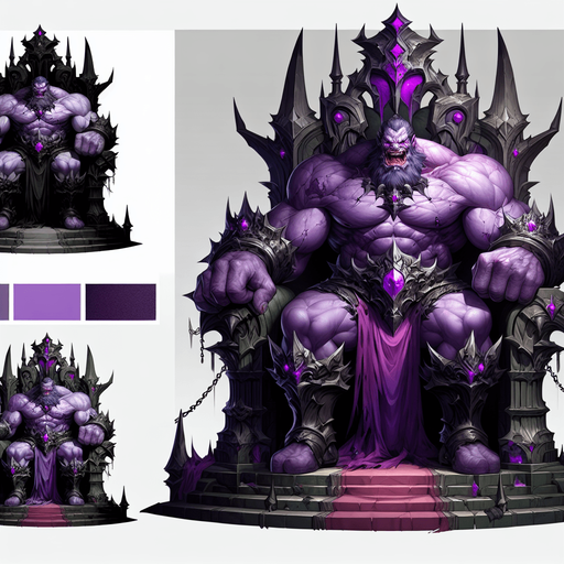 Giant muscular evil wizard with purple skin and a menacing scowl sitting in a black throne..
Single Game Texture. In-Game asset. 2d. Blank background. High contrast. No shadows.