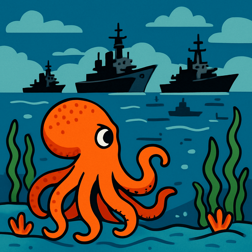 un pulpo naranja viendo que barcos de guerra vienen a atacar su hogar marino.
In-Game asset.  2d.  High contrast.  No shadows