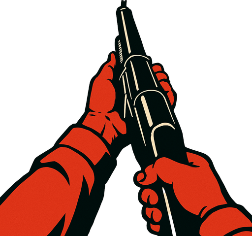 A shotgun with a first person view of somebody holding it.
In-Game asset.  2d.  High contrast.  No shadows