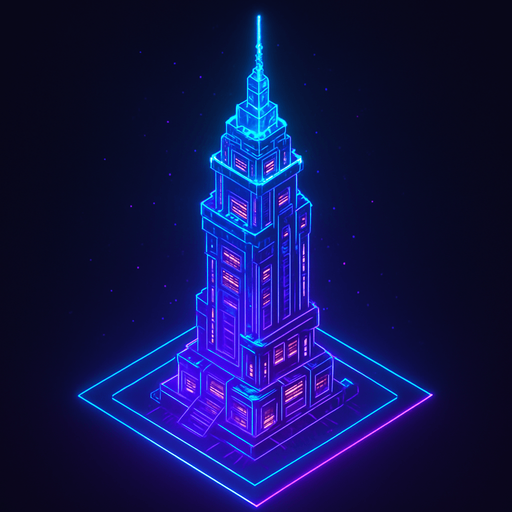 Top down isometric neon cyberpunk anime tower spire 3d hologram glowing  3d hologram hd large