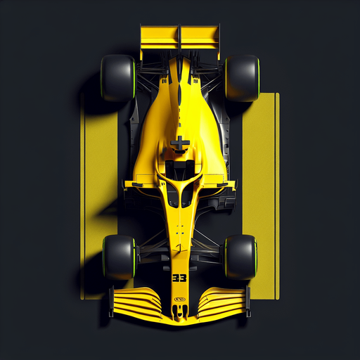 a yellow f1 race car top view.
Single Game Texture. In-Game asset. 2d. Blank background. High contrast. No shadows.