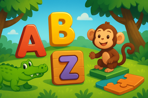 Fullscreen modern App Store landscape banner, 16:9, high definition, for a game titled "ABC Learning Adventure" and with the description "An educational alphabet learning game where children interact with letters A-Z through touch-based puzzles and mini-games, designed to make learning the alphabet fun and engaging.". No text on banner!