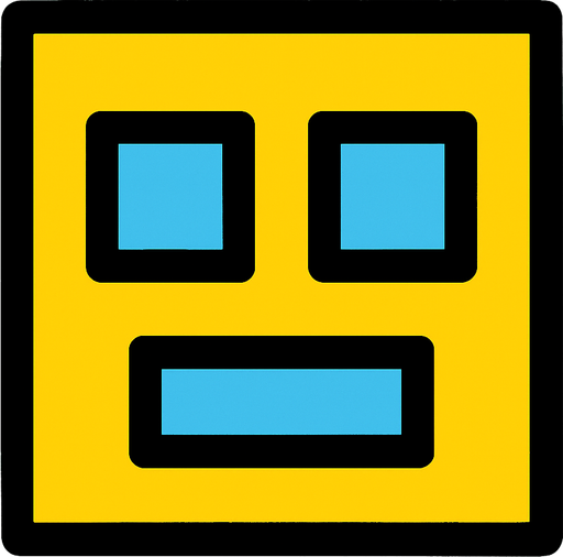 un cuadrado amarillo con ojos cudrados celestes y boca celeste rectangular.
In-Game asset.  2d.  High contrast.  No shadows
