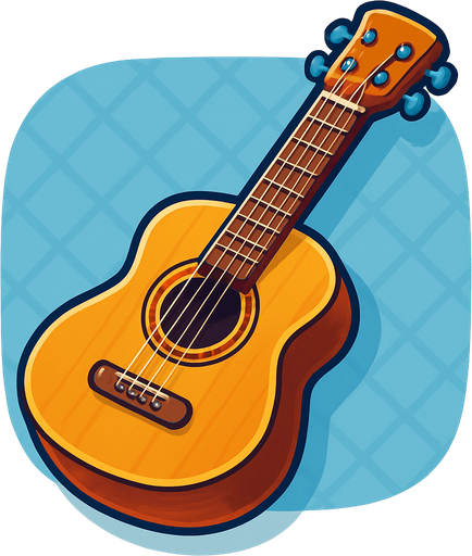 A bold, game-style illustration of an acoustic guitar with a wooden body, visible strings, and a detailed sound hole. Slight 3D shading and a clean, vector outline. Friendly, colorful look with transparent rounded background, optimized for mobile games..
In-Game asset.  2d.  High contrast.  No shadows
