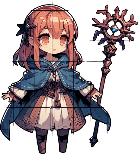 top down anime mage character.
Single Game Texture.  In-Game asset.  2d.  Blank background.  High contrast.  No shadows