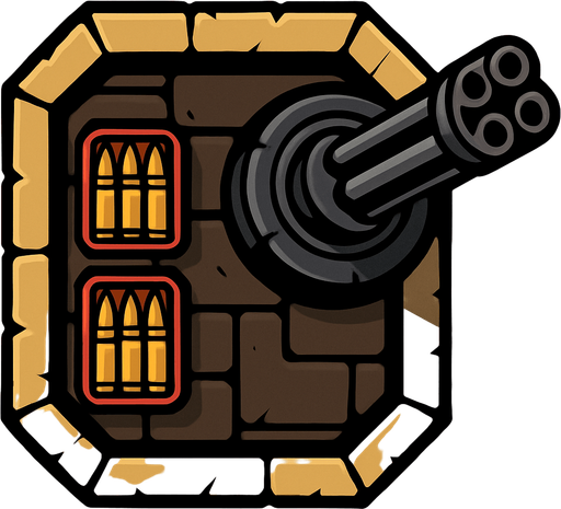 torre con 1 cañon con las balas de minigun desde arriba.
In-Game asset.  2d.  High contrast.  No shadows