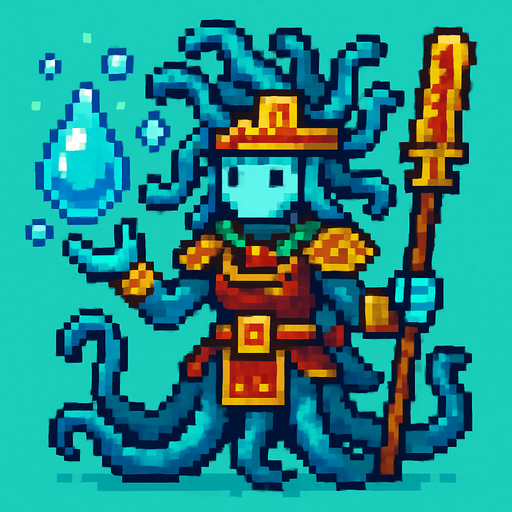 Generame un guerrero meduza cone fectos de agua, que cura como mago, estilo pixelar, ambeintado a lo azteca.
In-Game asset.  2d.  High contrast.  No shadows