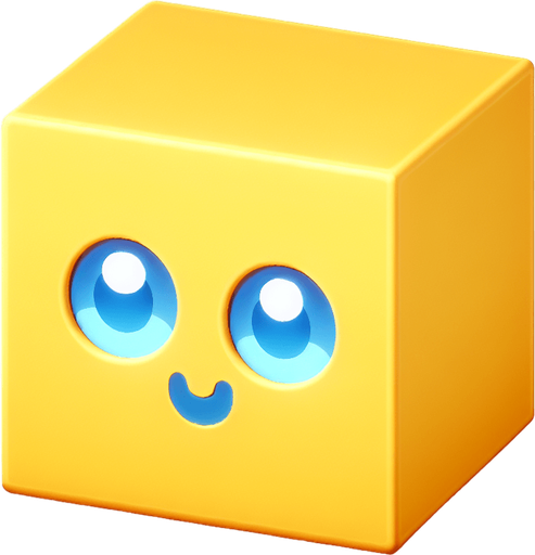 yellow cube with blue eyes.
Single Game Texture. In-Game asset. 2d. Blank background. High contrast. No shadows.