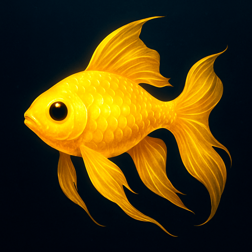 A conceptual design of a golden, yellow-colored fish with a unique, bioluminescent quality. Its body is a vibrant yellow-gold, and the scales appear to subtly glow, as if illuminated from within. Its fins are long and flowing, resembling flowing silk, giving the fish an ethereal quality. The fish's eyes are large and black, providing a stark contrast to its bright body. It's swimming in a dark, deep-blue water, creating a dramatic visual effect. The colors and the composition are rendered in a high-resolution image with a sharp focus, ensuring every detail of the fish's body and its bioluminescence is visible, creating a visually stunning and memorable artwork..
In-Game asset.  2d.  High contrast.  No shadows. fish