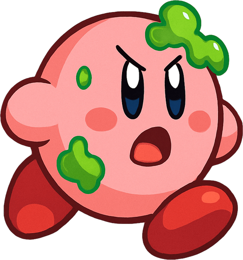 Fullscreen modern App Store landscape banner, 16:9, high definition, for a game titled "Kirby's Infection Crisis" and with the description "Navigate Kirby through infected Dream Land, avoiding Waddle Dees and Waddle Doos while managing random infection consequences. Find water to cleanse infections and defeat Dark Matter to save the world.". No text on banner!