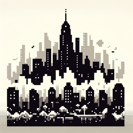 8-bit gray silhouette of cityscape in distance.
Single Game Texture. In-Game asset. 2d. Blank background. High contrast. No shadows.